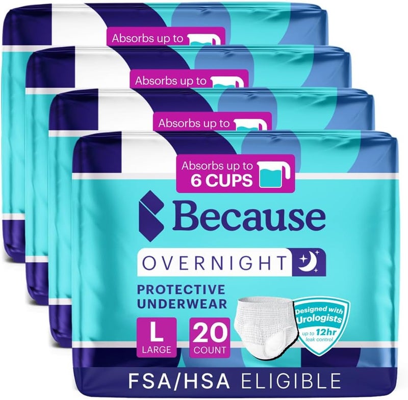 because Overnight Absorbency Pull Ups - Adult Disposable Incontinence Underwear, Extra Absorbent Nighttime Briefs for Men and Women, White, Large, 80 Count (4 Packs of 20) - Image 2